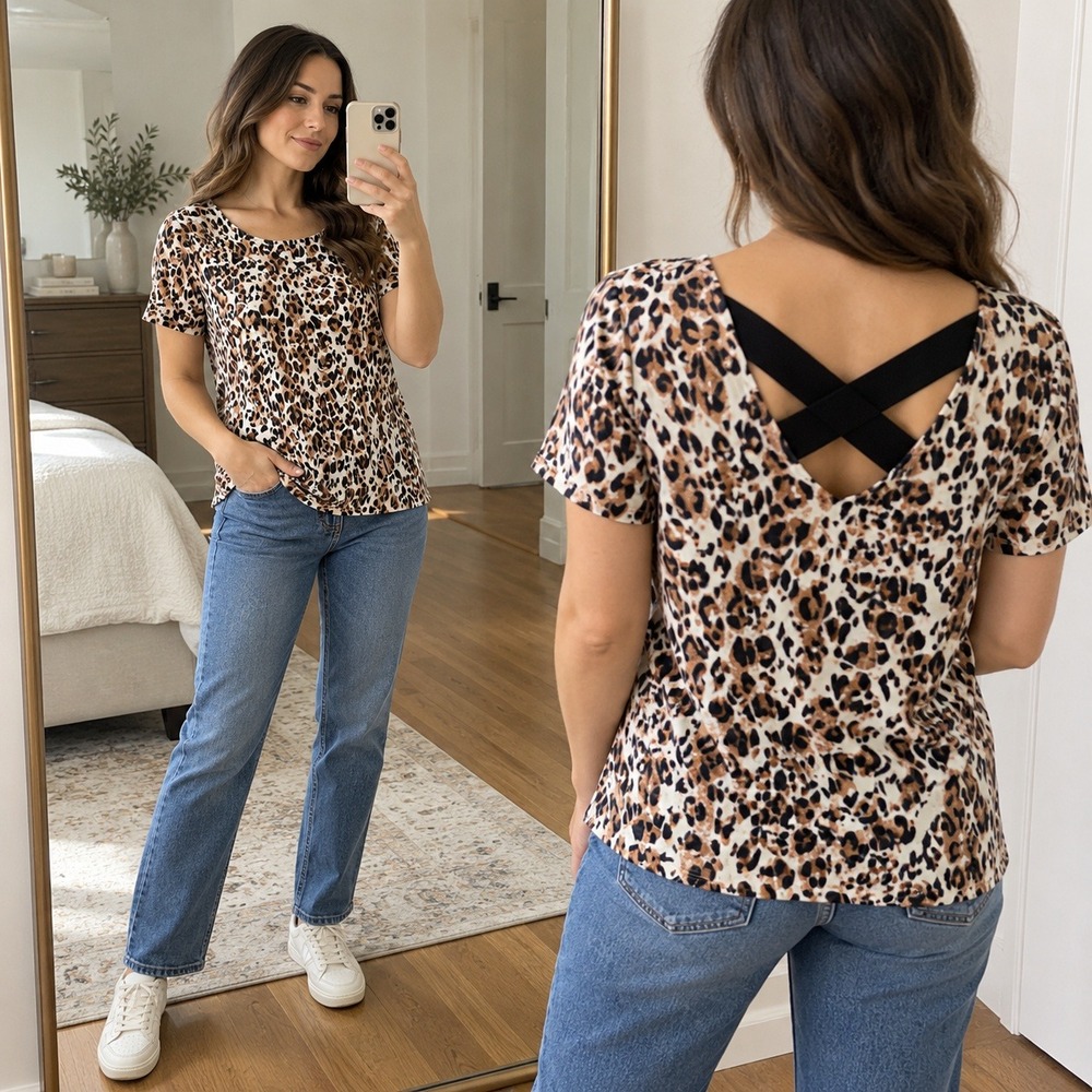 Cooper & Ella Petite XS Leopard Print Short Sleeve Crisscross Back Top